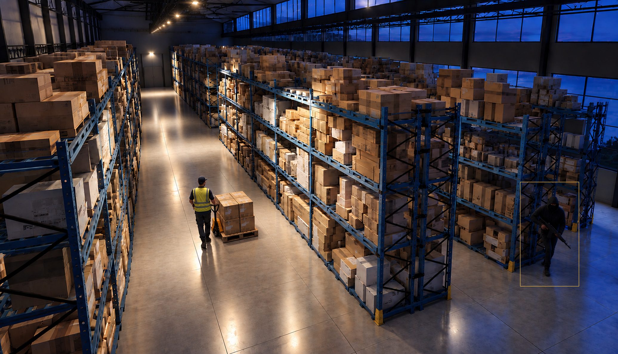 Warehouse aisle under camera, an intruder boxed by the detector.