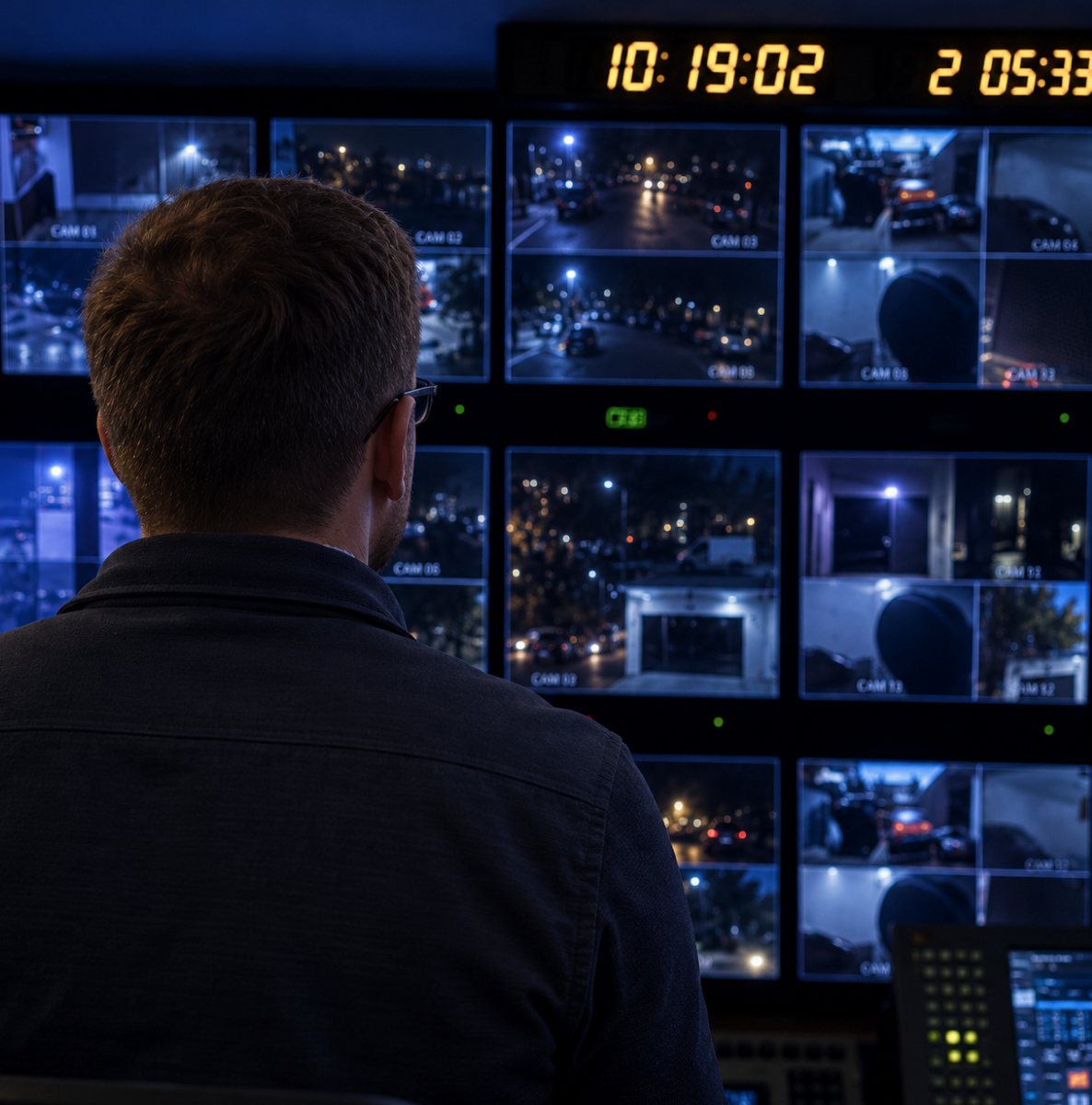 An operator at a wall of camera feeds.